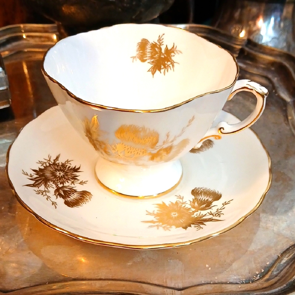 Elegant Hammersley & Co. Gold and White Thistle Teacup and Saucer Set